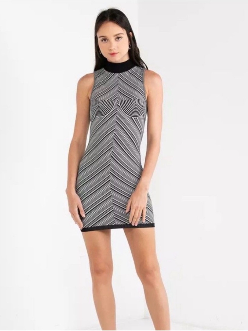 Zara Sleeveless High-Neck Black & White Chevron Bandage Mini Dress
